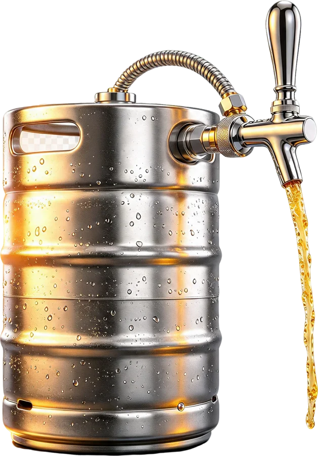Barril de chope de inox ligado à torneira, servindo um fio de chope