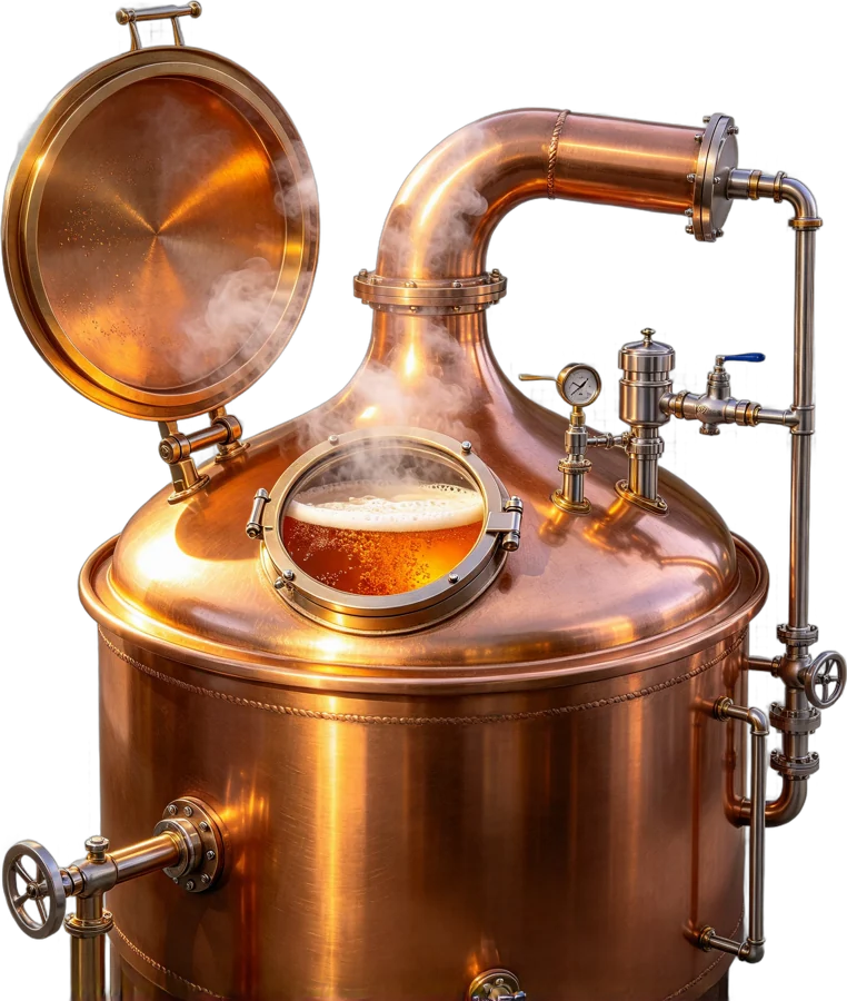 Tina de brassagem de cobre com o mosto âmbar no visor
